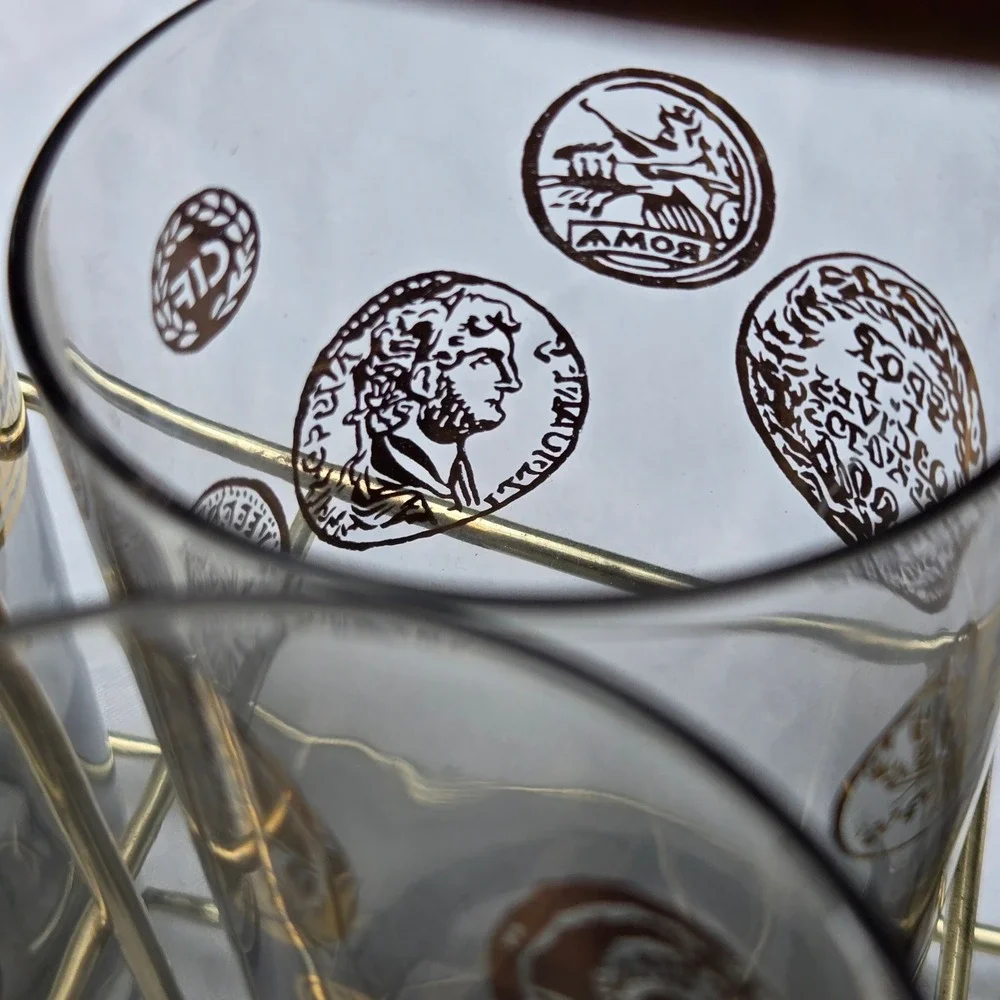 Vtg Highball Glasses Set 8 clear + Smoky Grey Gold Roman Coin MCM Barware Caddy
